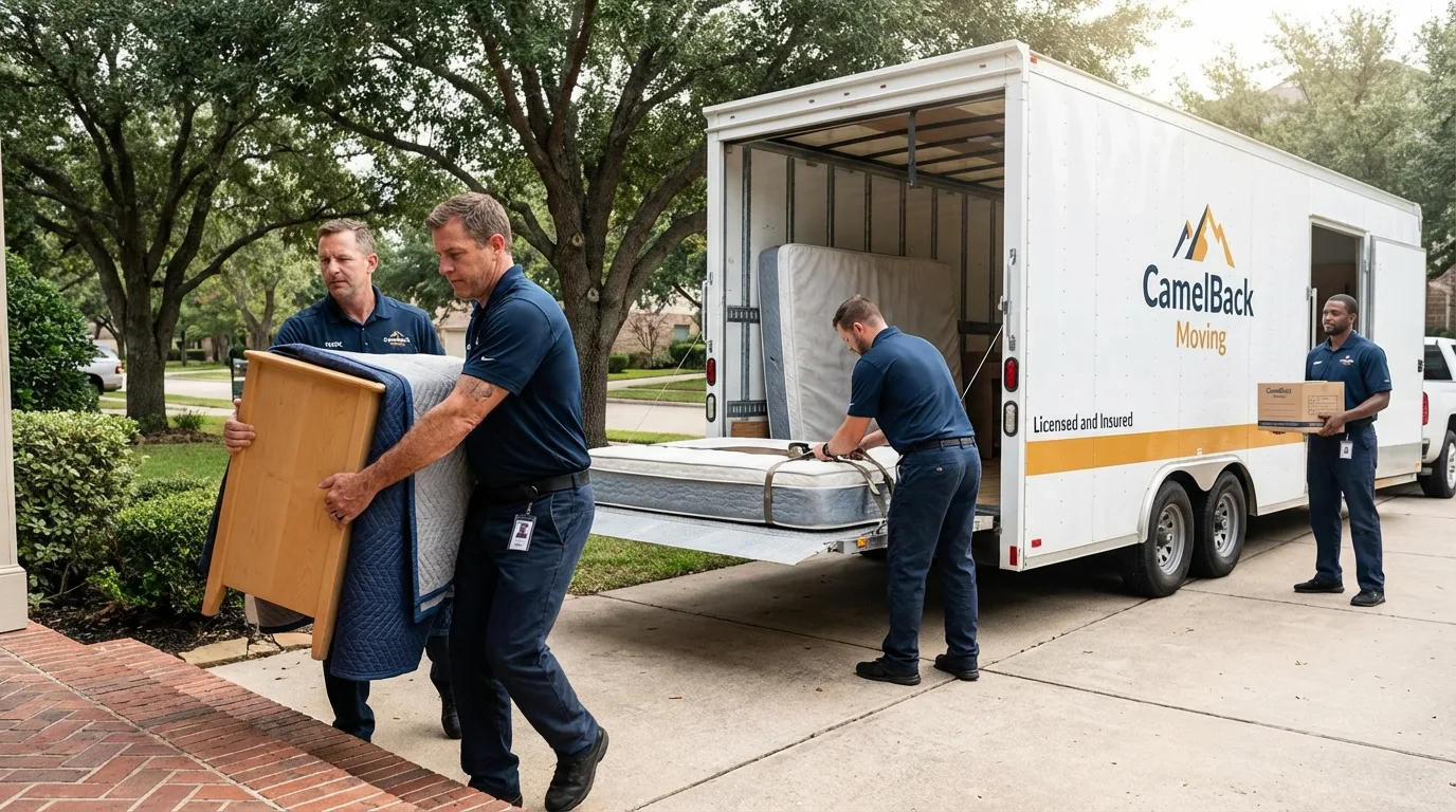 Crew loading residential truck for cross-state move from Empire, CA