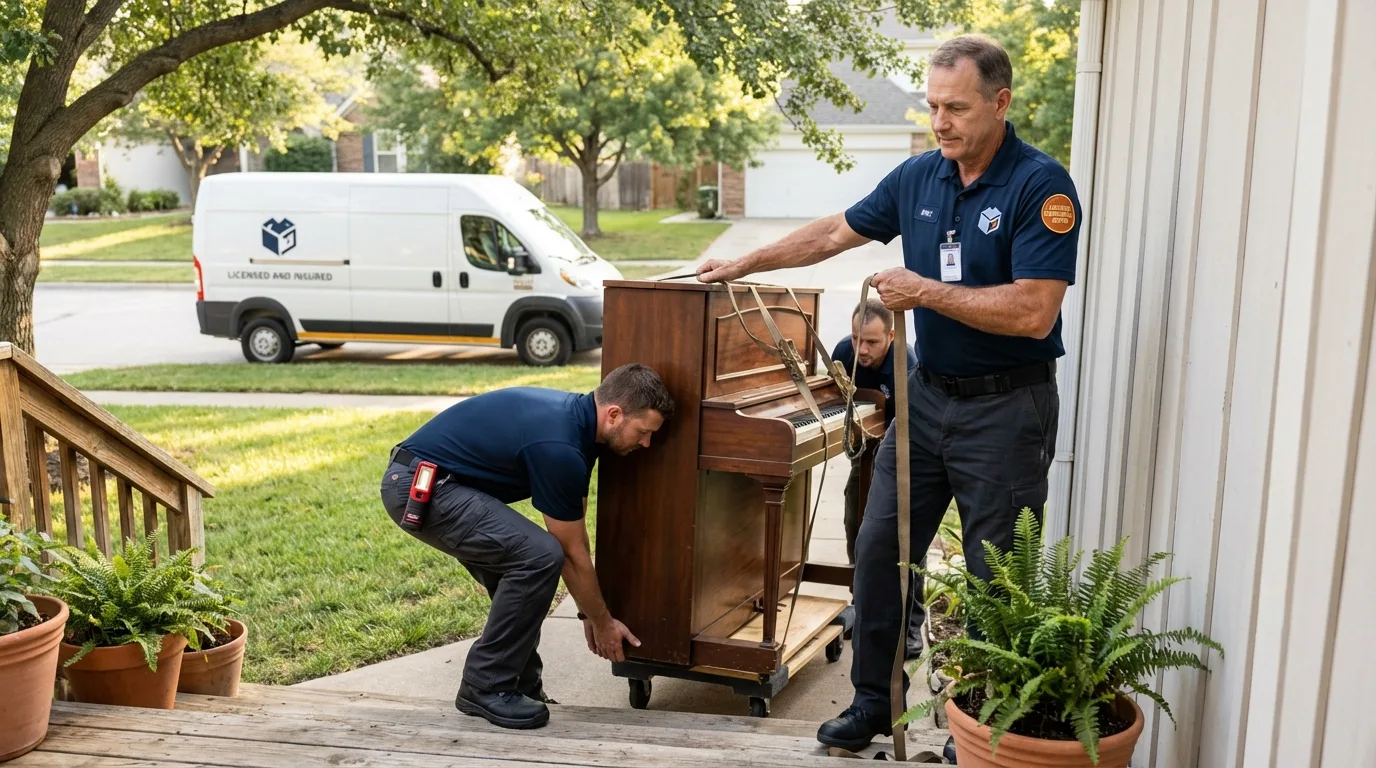 Licensed piano movers securing grand piano in Empire, CA